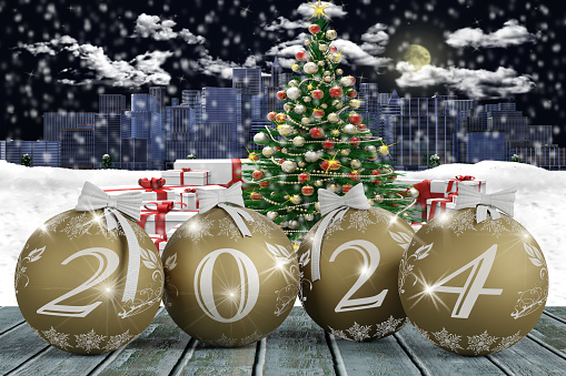 3D illustration. New Year 2024. New Year 2024 in numbers and with Christmas decoration.