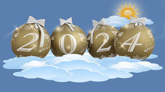 3D illustration. New Year 2024. New Year 2024 in numbers and with Christmas decoration. Sky and Clouds.