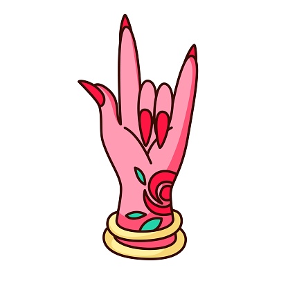 Groovy arm with horns gesture vector illustration. Cartoon isolated psychedelic retro sticker of pink arm with flowers tattoo, palm of hippie, fan at rock and roll concert or festival, horns sign