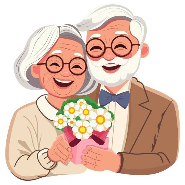 꽃을 가진 행복 한 노인 부부의 가족 초상화입니다. - senior adult grandmother grandfather cards stock illustrations