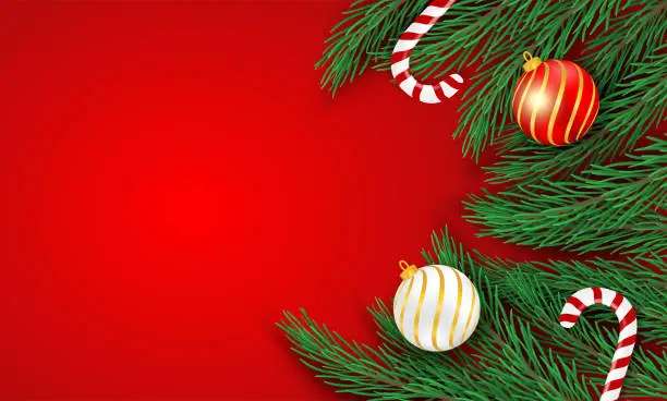 Vector illustration of Merry Christmas. Design with christmas tree and candy canes on red background .Vector. illustration.