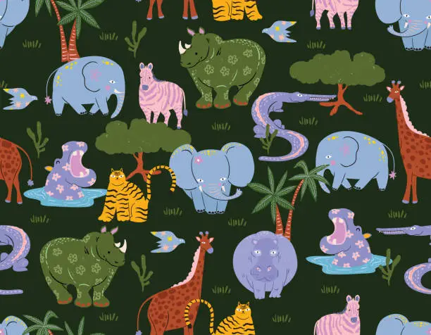 Vector illustration of Cute Animal in safari forest pattern design as vector