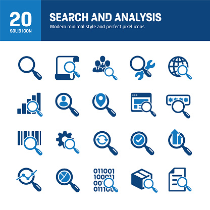 Search and analysis solid icons. Containing research, searching, analyzing solid icons collection. Vector illustration. For website design, logo, app, template, ui, etc.