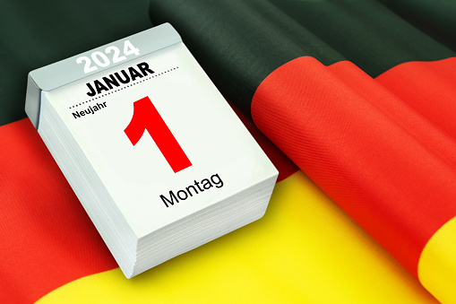 Calendar 2024 January 1  Monday New Year and German flag black red gold