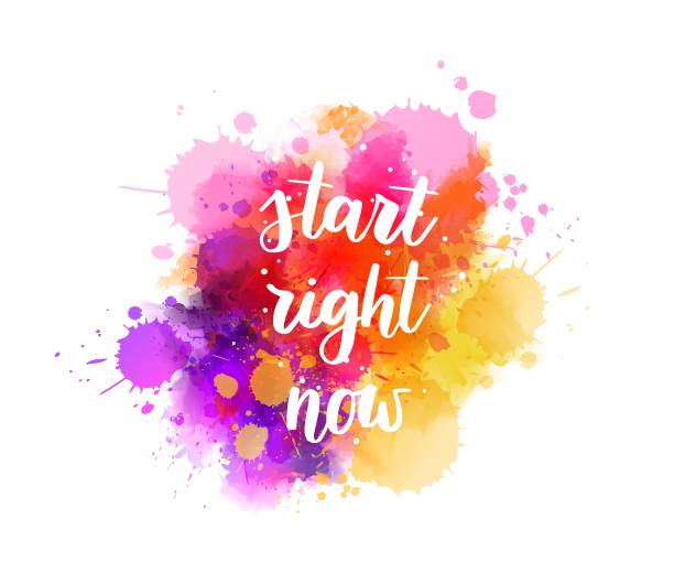 istock Start right now - handwritten modern calligraphy inspirational text on multicolored watercolor paint splash. Background with abstract dots decoration. 1844440836
