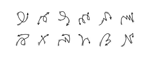 낙서 잘못된 방향 선 화살표가 설정됩니다. 만화 만화 디자인 요소. 곡선, 나선, 트위스트, 바운스, 토네이도, 애니메이션 일본식 루프 그림 - moving up flash stock illustrations