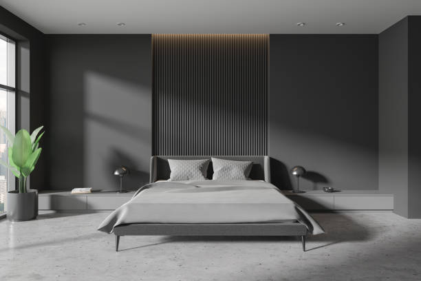 istock Grey stylish bedroom interior with bed and decoration, panoramic window 1844482351