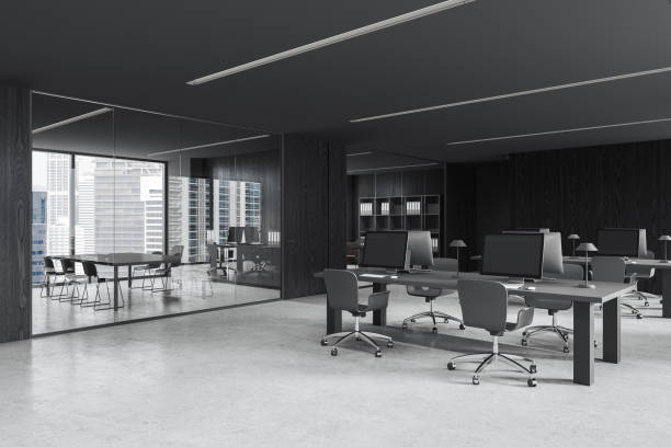 istock Gray and wooden open space office and board room corner 1844484964
