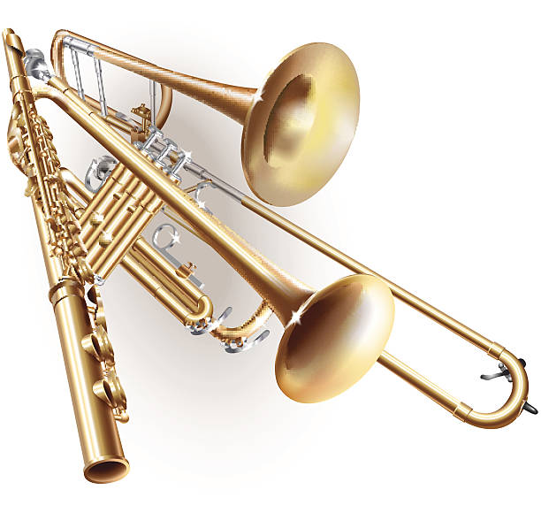 Set of classical trombone, flute and trumpet vector art illustration