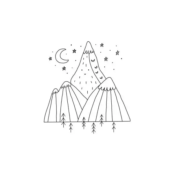 Vector illustration of Line art minimal mountain trees moon stars