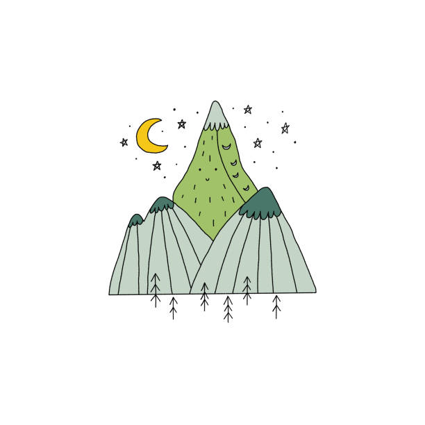 illustrazioni stock, clip art, cartoni animati e icone di tendenza di illustrazione disegnata a mano alberi di montagna luna stelle - mountain landscape mountain peak small
