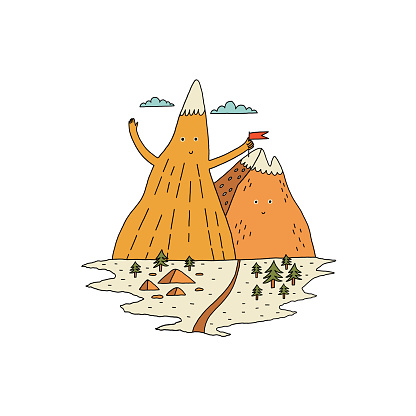 Hand Drawn cute mountain sticking a flag into a neighboring mountain. Vector illustration