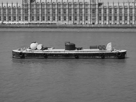 Panoramic view of River Thames in London, UK in black and white