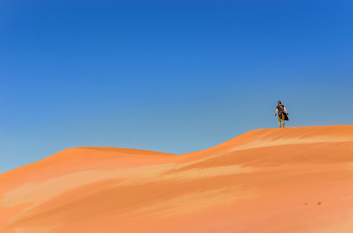 Panoramic desert dunes in shadow and light of sunrise to horizon