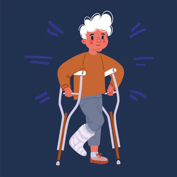 Vector illustration of Cartoon vector illustration of The boy with a broken leg with crutches