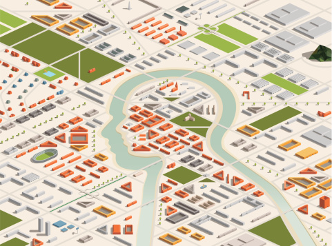A vector illustration of a city with head shaped center in isometric format. Editable with objects logically layered. City features buildings, trees, highways, church, stadium, industrial suburb, etc.