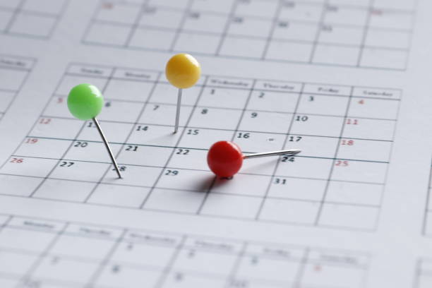 istock Multi-colored pins on a calendar close-up. Important date. Place for text. Planning concept. 1844538296