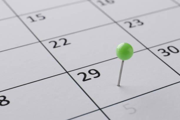 istock Planning calendar with green pin close up. Important date. Place for text. Planning concept. 1844539359