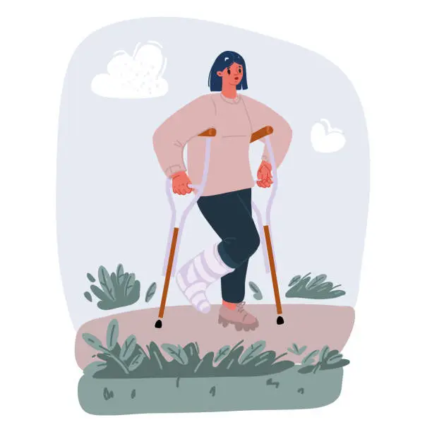 Vector illustration of Vector illustration of Injured woman on crutches. Female patient with broken leg in plaster, physical trauma