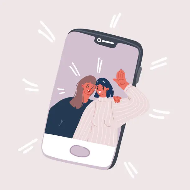 Vector illustration of Vector illustration of mobile phone with happy girls women displaying on screen. Friends posing for selfie, Mates photographing themselves. Friendship concept