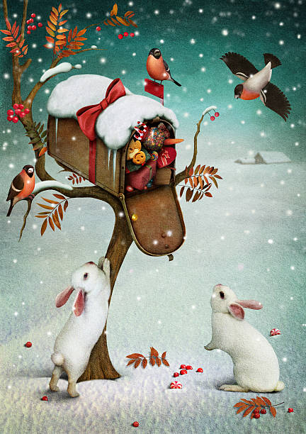 mailbox w zimie lasu. - christmas christmas tree snow illustration and painting stock illustrations