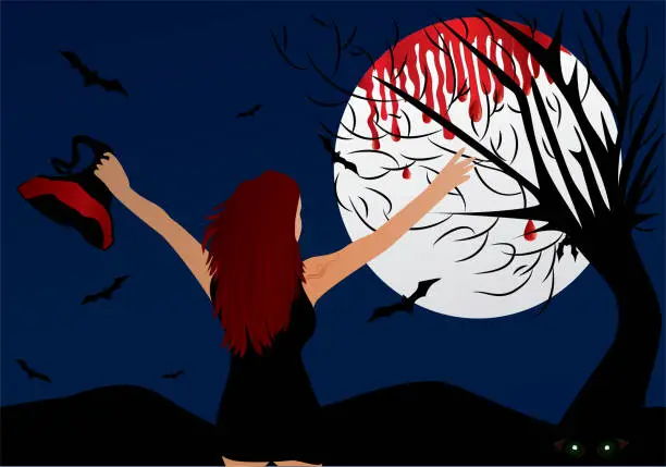 Vector illustration of Halloween greeting card with girl and big moon