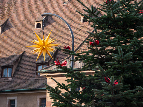 Moravian Star (German: Herrnhuter Stern) beside Christmas Tree at the Traditional Christmas Market in Strasbourg