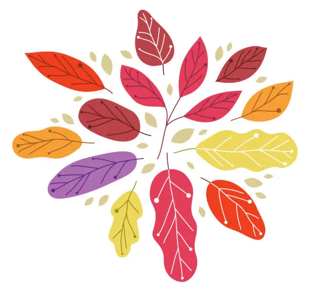 Vector illustration of Yellow and red autumn leaves beauty of nature vector flat illustration isolated on white background, fall foliage drawing composition.