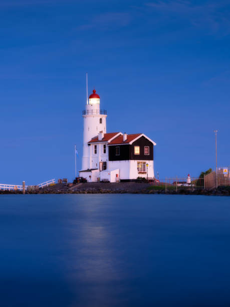 istock A lighthouse on the beach during blue hour. A landmark in maritime navigation. Long exposure. Natural composition. Photo for wallpaper and background. Paard van Marken, Netherlands. 1844634507