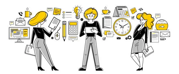 Vector illustration of Team doing office work vector outline illustration, career in company for employees, teamwork business and paperwork, office workers.