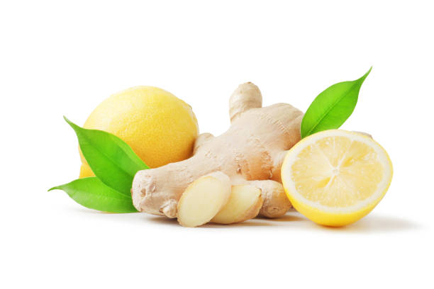 istock Composition of fresh ginger root, lemon and ginger pieces isolated on white background. 1844640488