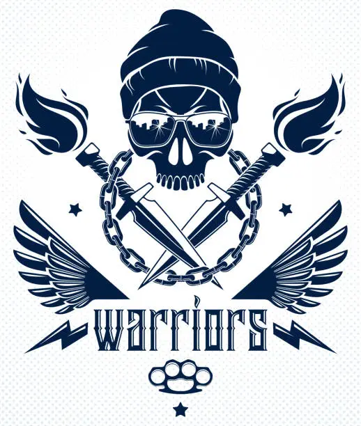 Vector illustration of Revolution and Riot wicked emblem or logo with aggressive skull, weapons and different design elements , vector tattoo, anarchy and chaos, rebel partisan and revolutionary.