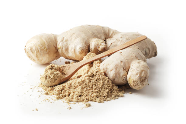 istock Dry and fresh ginger in bowl isolated on white background 1844642091