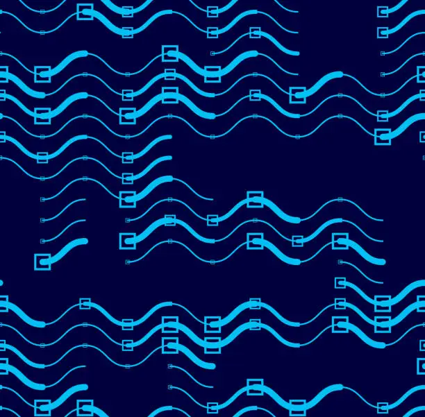 Vector illustration of Wavy technical lines seamless pattern, vector abstract repeat endless background, blue colored rhythmic waves.