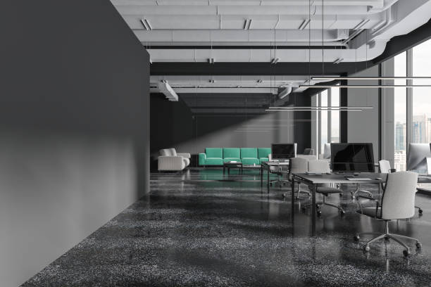 istock Grey office interior with coworking and relax place, hall and panoramic window 1844646850