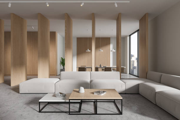 istock Cozy home living room interior with sofa and eating space, panoramic window 1844646857