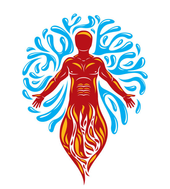 istock Vector illustration of human being standing, mythic ancient god. Prometheus surrounded by a water ball, water and fire diversity and harmony. 1844647183