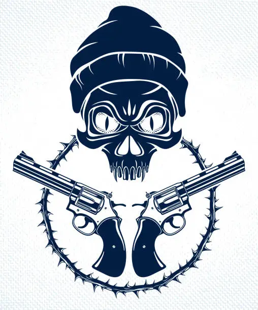 Vector illustration of Anarchy and Chaos aggressive emblem or logo with wicked skull, vector vintage scull tattoo, rebel gangster criminal and revolutionary.