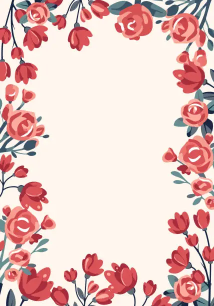 Vector illustration of Vector frame with roses. Valentine's day concept poster in flat style. Banner or greeting card with red flowers