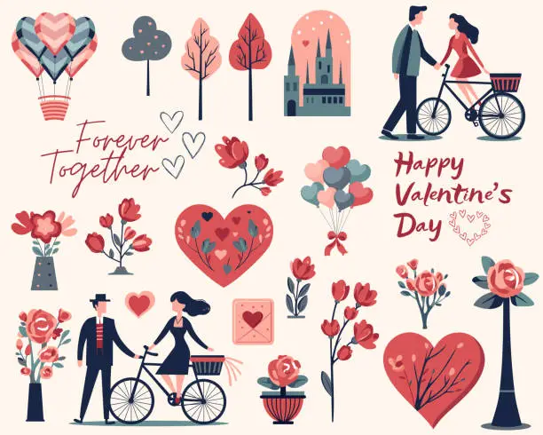 Vector illustration of Valentines day set, romantic design for cards, posters, banners. Couple in love, hearts, baloons, floral bouquets. Vintage flat style.