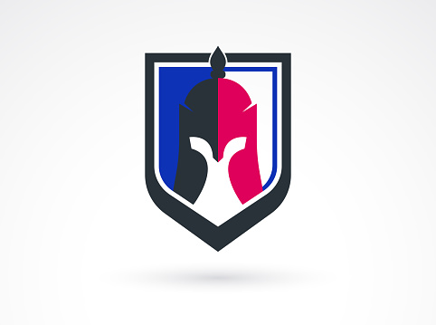 Shield with knight warrior helmet inside vector symbol, protection guard concept logo.