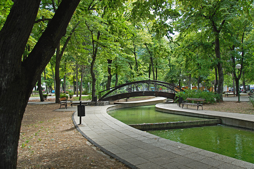 Arch Bridge across Canal with warm healing Water in Public Park - Niska Banja Spa.