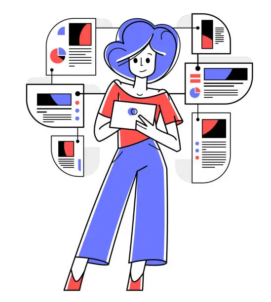 Vector illustration of Woman intellectual worker making analysis of some data on pc or web, data systematization, collecting and analyzing information, vector outline illustration.