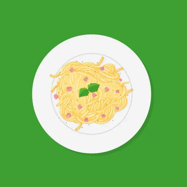 Vector illustration of Spaghetti wth basil on plate vector illustration