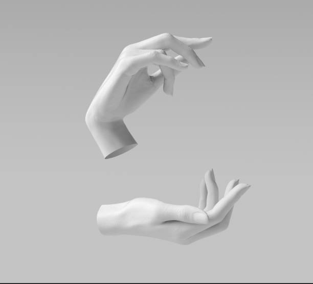 istock White mannequin woman hand gesture isolated 3d illustration. Empty open female hands. Elegant palm finger pose for product presentation 1844670396