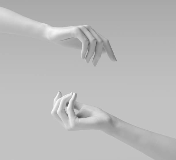White stone marble statue hands. Palm up showing and presenting female art creative concept banner, sculpture arm 3d rendering