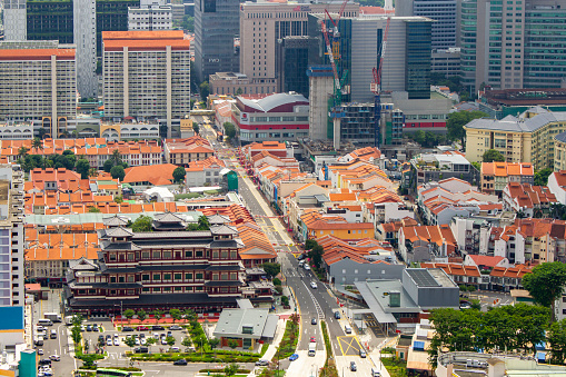 Chinatown, Singapore - September 5, 2022 : Aerial View Of Chinatown Area With Buddha Tooth Relic Temple And Museum And Old Houses.