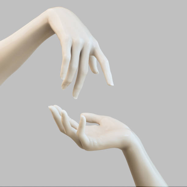 istock White stone marble statue hands. Palm up showing and presenting female art creative concept banner, sculpture arm 3d rendering 1844672991