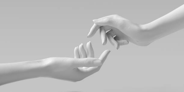 istock Two hands white sculpture. Mannequin hands reaching each other with fingers isolated on white background. Touching, creation gesture art creative concept. 1844673002