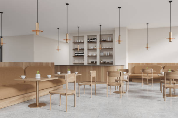 istock Modern cafe interior with chairs and table, dining corner with bar counter 1844674522